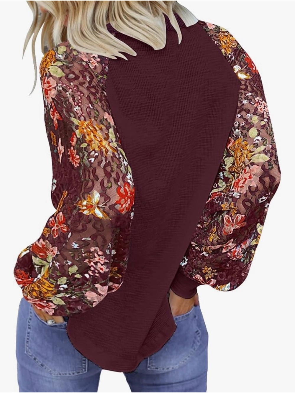 Floral Balloon Sleeve Pullover Top in Burgundy - Picture 3 of 5